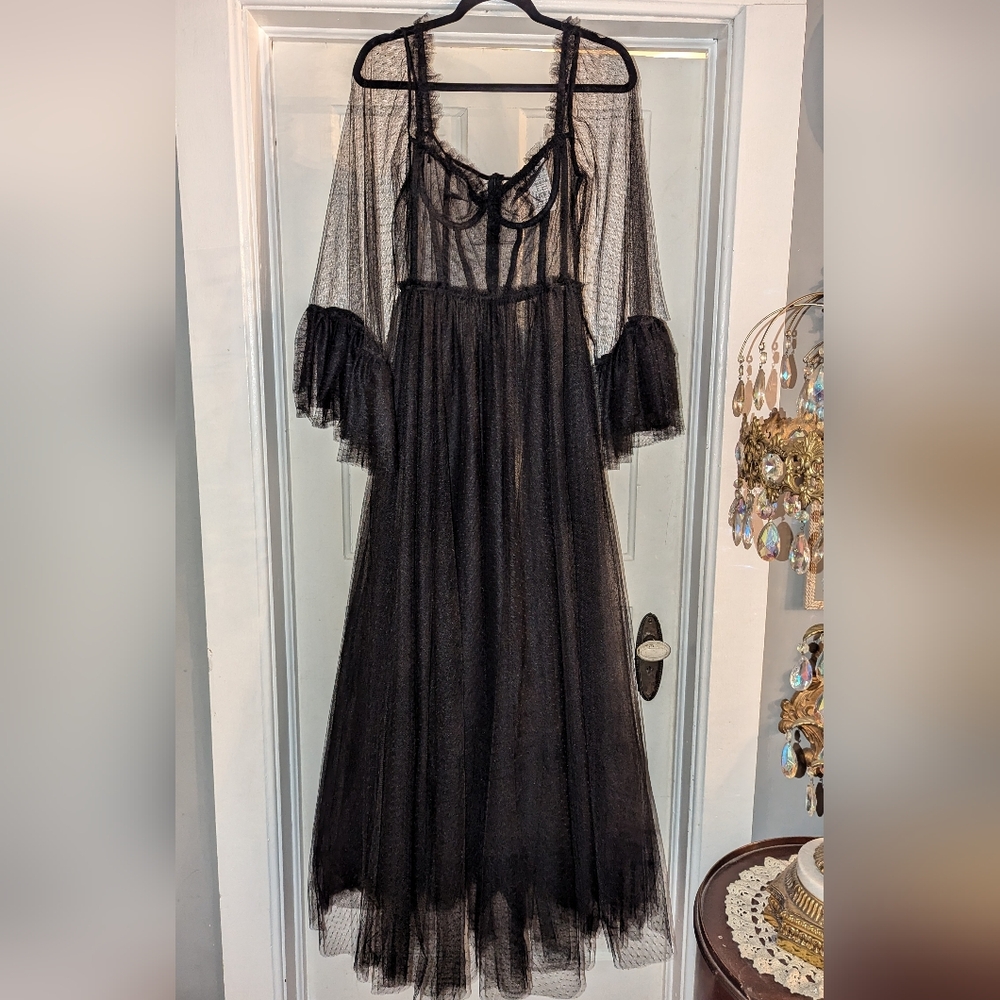 Kikiriki Black Sheer Tulle Layered Goth Gown Maxi! NEW